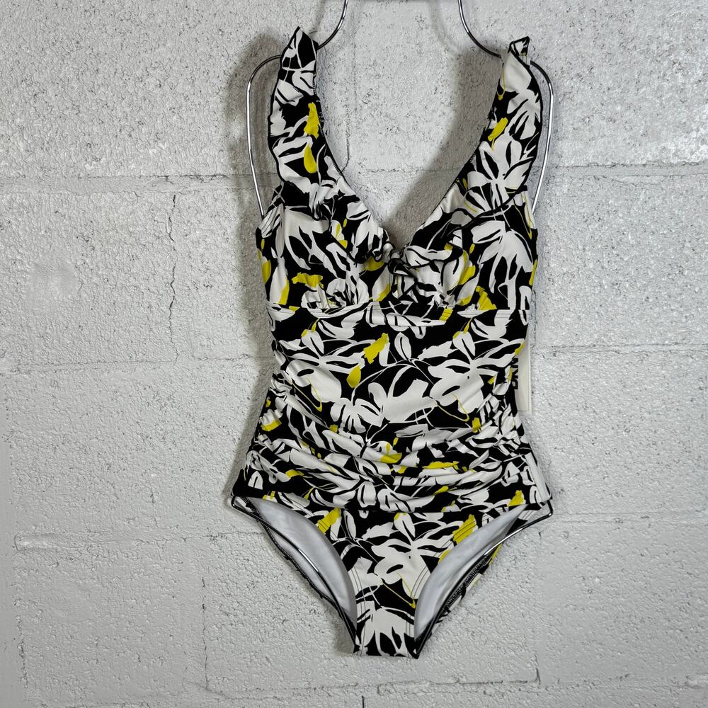 DKNY Ruffle Plunge Underwire 1 Piece Swimsuit yellow multi small $80